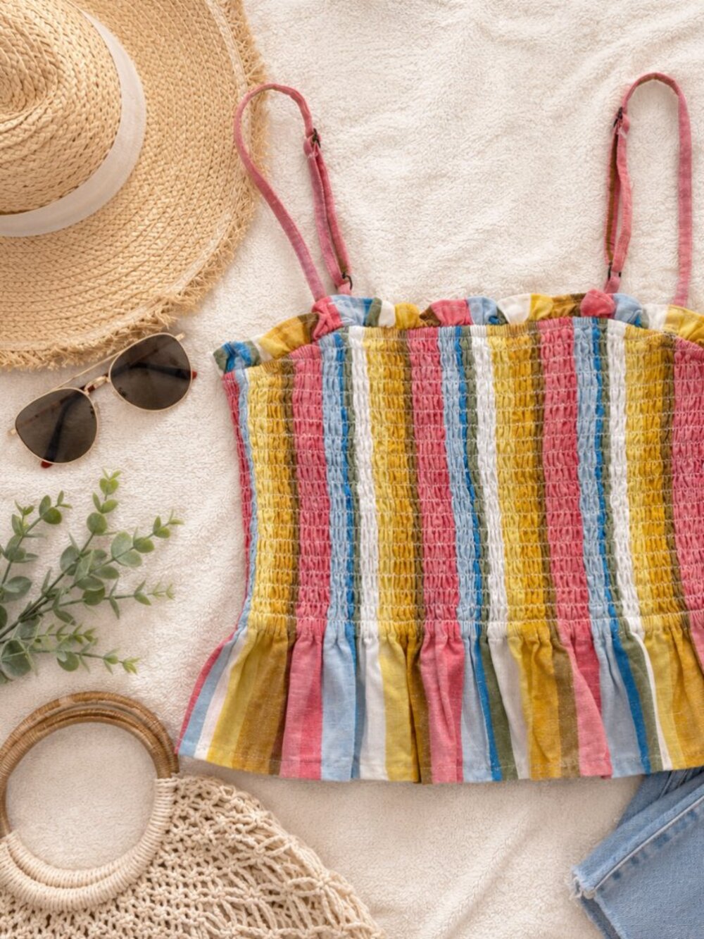 Billabong Smocked Stripe Peplum Tank Top Size Small Pink Yellow Blue Linen Blend